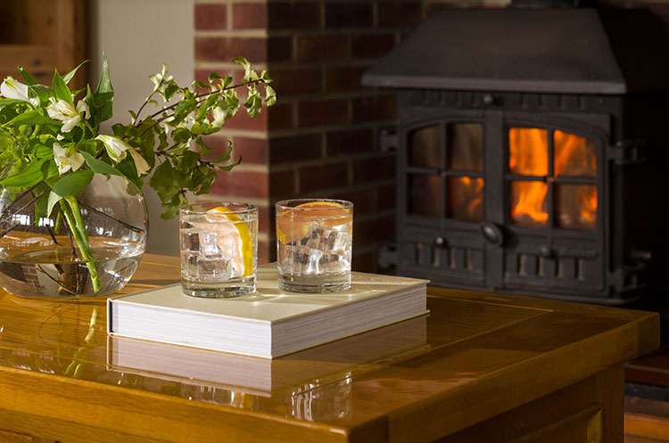 sitting room with wood stove